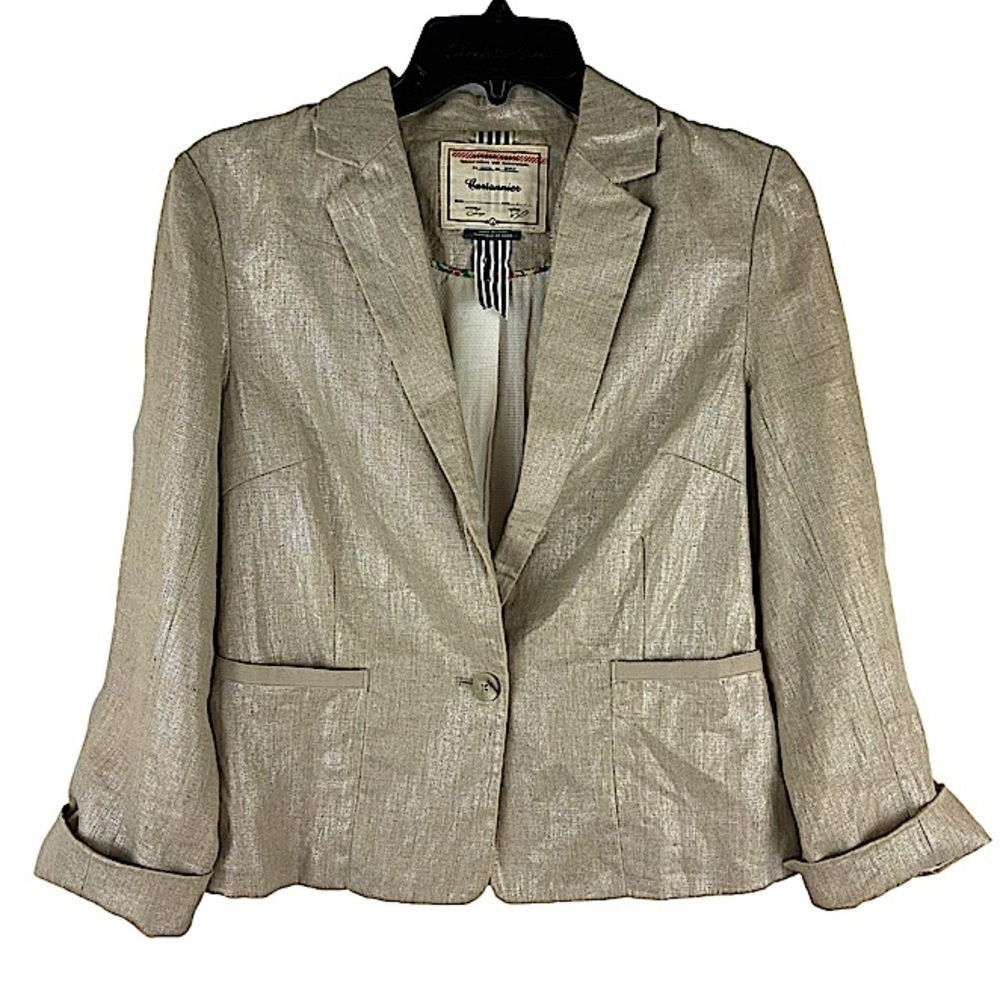 Anthropologie Cartonnier 100% Linen Gold Metallic Shimmer Blazer Jacket Size 4
